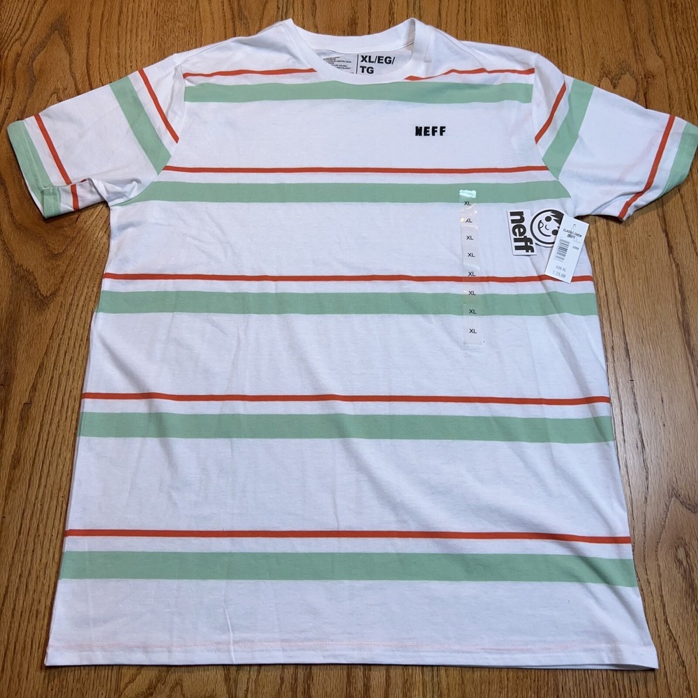 NWT Neff Men's XL‎ Classic Crew White Striped Short Sleeve T-Shirt Embroidered